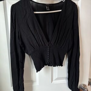 Forever 21 Black Smocked V-Neck Blouse
